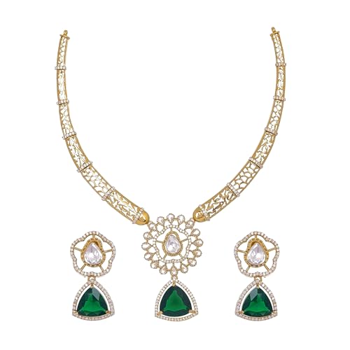 ZYRA JEWELS Micro Gold Plated Floral Necklace Set with American Diamond, Zircon & Moissanite Stones | Party Bling Luxury Designer Jewelry for Women & Girls (Emerald Green)