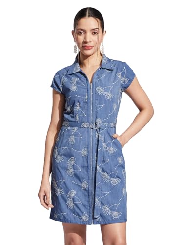 Latin Quarters Women Blue Collared Cap Sleeve Embroidery A-Line Dress for Casual Wear