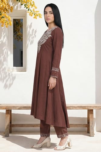 W for Woman Maroon Sequins Rayon Blend A Line Kurta with Straight Pant and Shawl Set - (WS13323-224575-XXL)