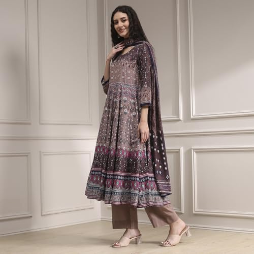 Biba Women Mud Brown Cotton Anarkali Printed Kurta Set_42