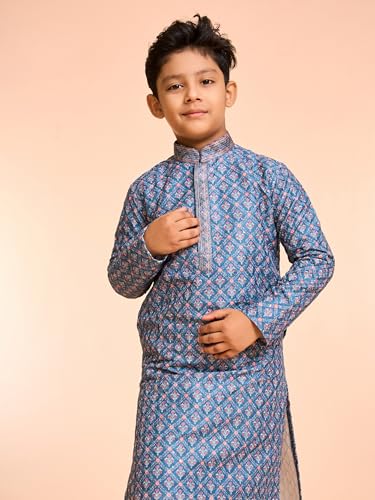 Manyavar Boys Art Silk Printed|Embroidery Kurta Pyjama Set (Teal Blue,5-6Y)