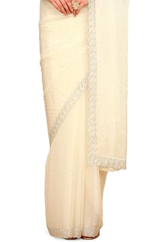 Soch Womens Cream-Coloured Stone Embellished Organza Saree