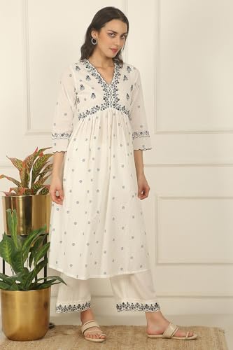 W for Woman White Printed Thread Embroidered Chanderi Kurta, Pants and Kota Dupatta (Size: 2XL)-WS12713-125553