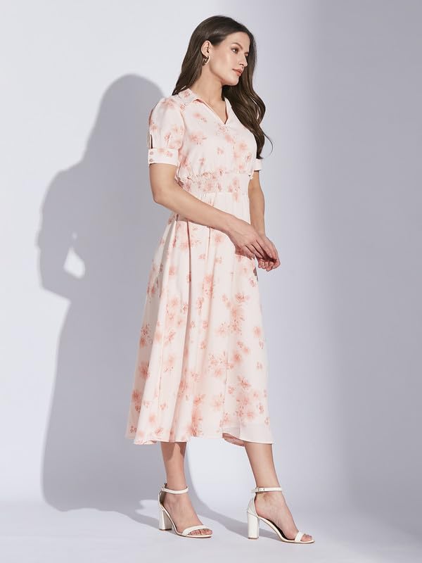 Latin Quarters Women Pink Shirt Collar Half Sleeve Floral Dress_L