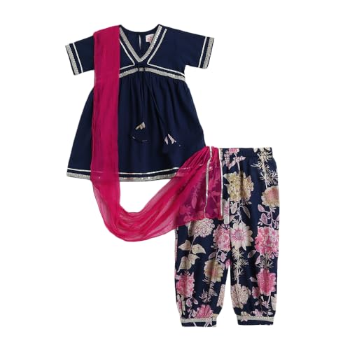 Hopscotch Girls Full Sleeves Blue 3-Pc Floral Kurta Set For Age (5-6 Years)
