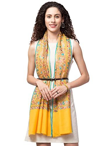 tweedle Pure Wool Kashmiri Nalki Embroidery Yellow Stole/Wrap for Women, Fine and Soft Scarf for Girls (26 x 76 Inches)