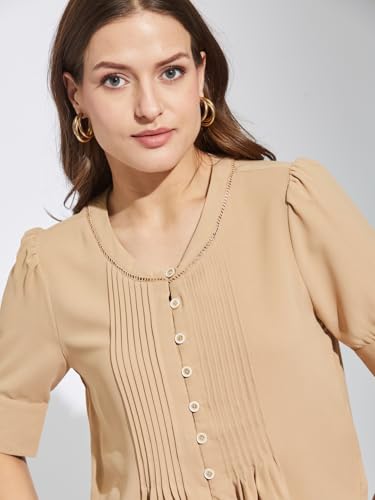 Latin Quarters Women Beige Round Neck Half Sleeves Solid Top Blouse for Casual Wear_M