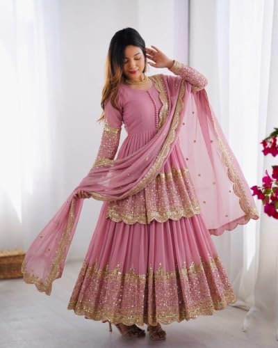 Women's Pink Georgette Tiered Anarkali Gown with Dupatta | Women's Pink Georgette Tiered Anarkali Gown with Dupatta