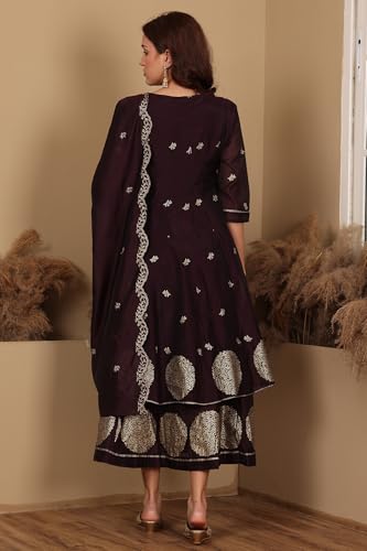 W for Woman Purple Floral Printed Dori Embroidered Chanderi Flared Kurta with Mock Layer and Dupatta Set (Size: M)-24AUWS11194-124358