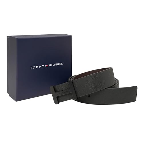 Tommy Hilfiger Stellarton Men's Leather Reversible Belt - Black+Brown | 2-In-1 Saffiano Textured H-Monogram Belt With Matte Black Buckle | Size - M 90Cm