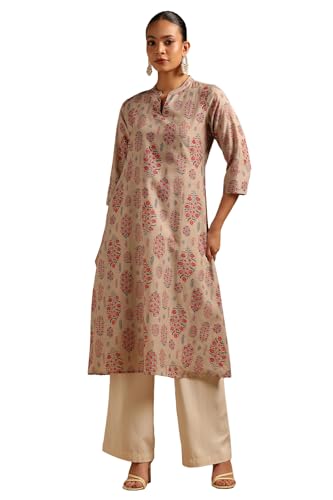Soch Womens Beige Cotton Linen Ethnic Motifs Kurta
