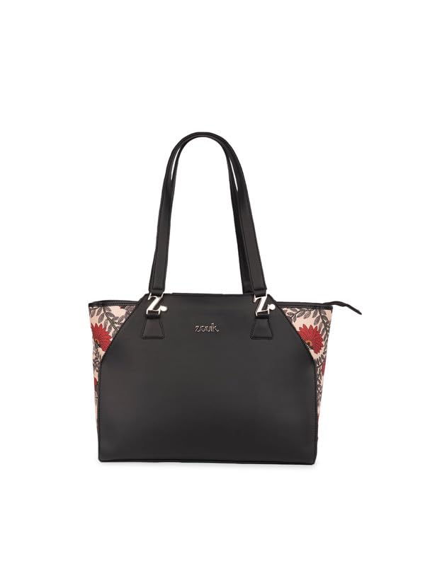 ZOUK Nawabi Couture Floral Printed Jute Handcrafted Vegan Leather Black Women's Check-point Friendly Classic Business Bag