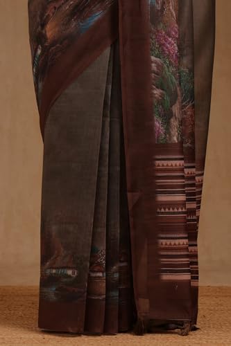 Soch Womens Olive Chanderi Digital Print Saree
