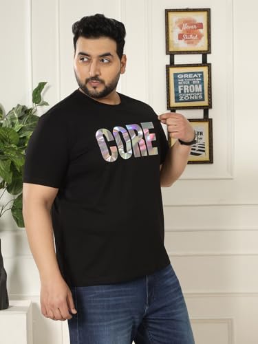 JOHN PRIDE Plus Size Men Regular Fit Printed Short Sleeves Black Round Neck Stretchable T-Shirt (JPTSR32444_6XL_Black)