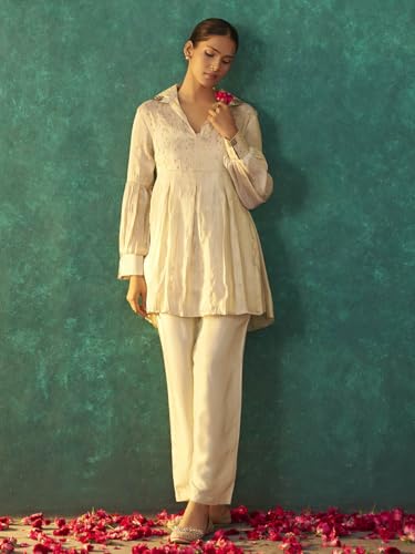 Arangya Elegant Flared Kurta Set with Embroidered Collar and Straight Pants l Puff Sleeve with Gathered Detailing l Co Ord Set for Women White