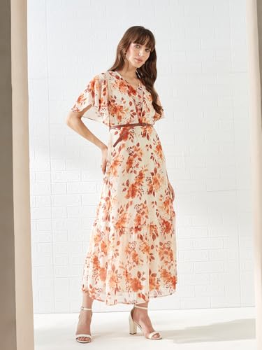 Latin Quarters Women's Rust Short Sleeves V-Neck Printed Casual Maxi Dress_L