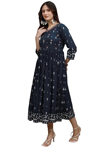 Vishudh Women 3/4 Sleeve V-Neck Dress VPa1000206 Blue M