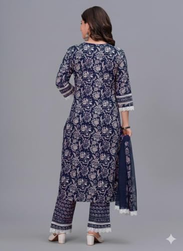 Amayra Women's Pure Cotton Printed Straight Kurta Set with Palazzo Pants & Dupatta- Ethnic Wear, Blue(TCK621,XXL)