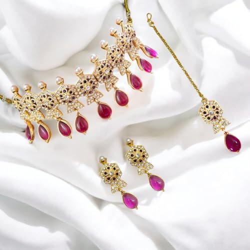 ACCESSHER Stunning Gold Plated Pink Choker Set with Earrings and Maang Tikka with a Pair of Transparent Earring & Maangtikka Supporter Patch | For Women & Girls