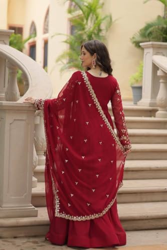 Women's Maroon Anarkali Gown with Gold Embroidery, Traditional Wedding Party Dress, Long Floor Length (in, Alpha, M, Regular)