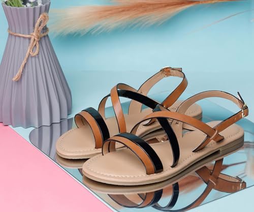 LOUIS STITCH Black and Tan Striped Sandals for Women | Comfortable Lightweight and Stylish Sandals | LSOF-LD05-STJBTN | UK-8