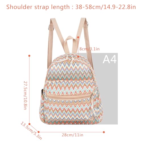 Meyaus Women Medium Straw Handmade Woven Backpack Casual Beach Daypack Shoulders Bag, Wave Pattern Orange, One Size, Daypack Backpacks