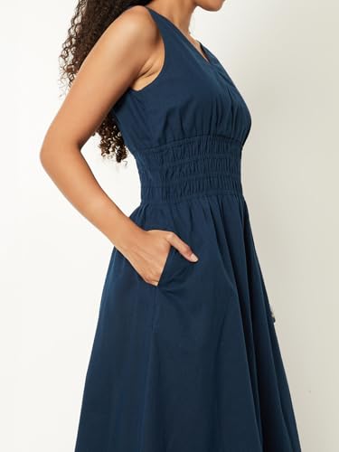 Max Women Solid A-line Dress (Blue_S)