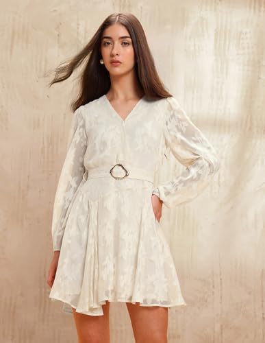U.S. POLO ASSN. Women Abstract Printed Fit & Flare Dress with Belt (UWAW25DRS181_Beige_L)