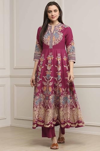 Biba Women Magenta Cotton Kalidar Printed Kurta Pants Set_38