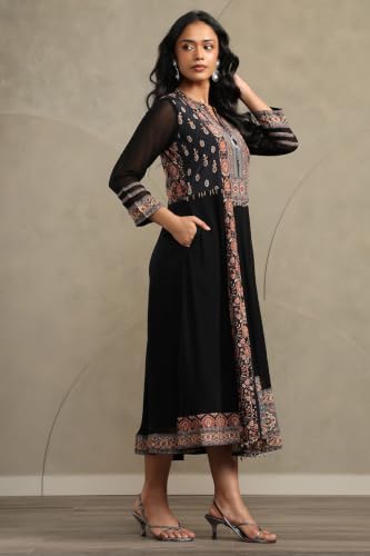 Soch Womens Black Georgette Botanical Printed Dress with Beads and Stones