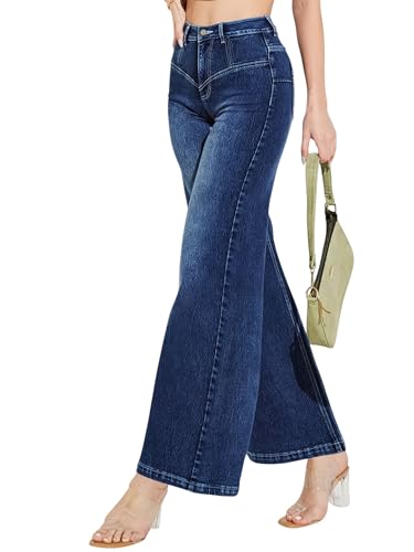 Miss Chase Women's High Rise Clean Look Regular-Length Stretchable Denim Wide-Leg Shaping Jeans (MCAW25DEN62-56-458-32, True Blue, 32)