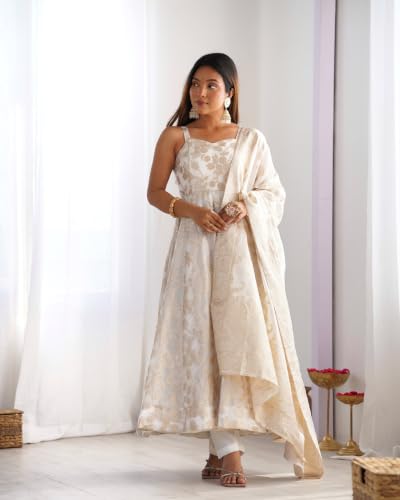 Leeli Peeri Designer Banarasi Jacquard Silk Zari Woven Work Anarkali Kurta Set With Dupatta.