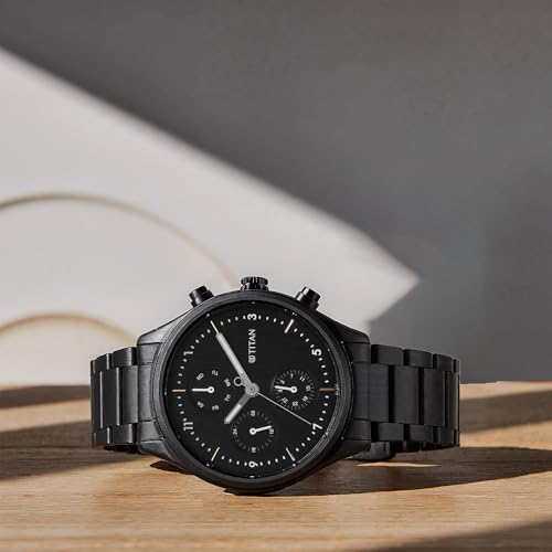 Titan Neo Quartz Multifunction Black Dial Black Stainless Steel Strap Watch for Men - NT1803NM01