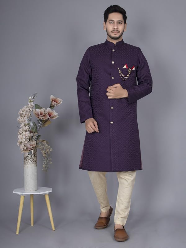 Amzira Men's Wine Heavy Jacquard Indo Western Set - Elegant Traditional Design with Intricate Jacquard Detailing, Perfect for Special Occasions, Celebrations and Parties, Comfortable and Trendy Fit