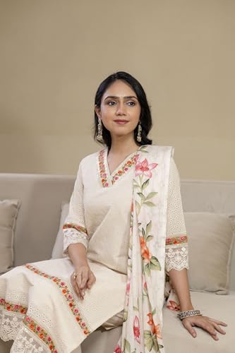 NIVANA Chikankari & Embroidered Kurta with Pant & Floral Printed Dupatta | M | Cream | V-Neck | 3/4 Sleeves