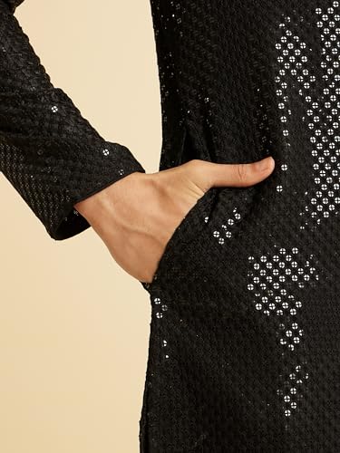 Manyavar Men's Viscose All-Over Sequinned Festive Mid-Length Kurta Set (Black,XXL)