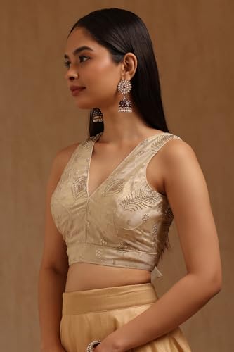 Soch Womens Light Gold Tissue Embroidered Padded Blouse with Sequins