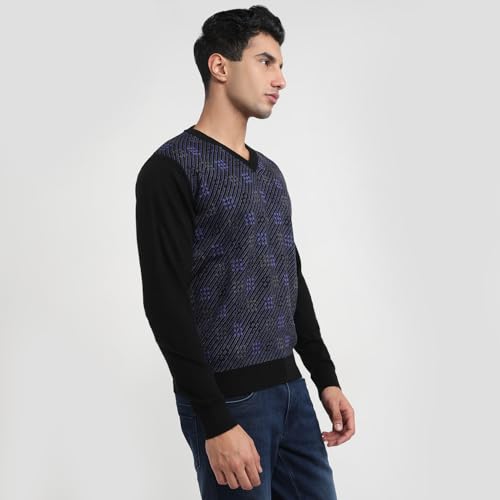 Raymond Men Regular Fit Wrapper Pattern Merino Wool Acrylic Blend Full Sleeve V Neck Casual Sweater Black