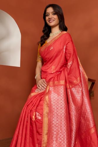 Taneira Women Red Pure Tussar Silk Chattisgarh Woven Saree With Unstitched Blouse Piece (SAPH01AB2954-Red)