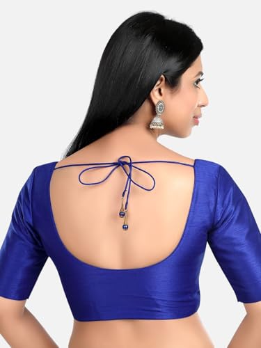 Biyu Women's Silk Solid Plain Round Neck Half Sleeve Readymade Saree Stylish Blouse (Royal Blue, 46)