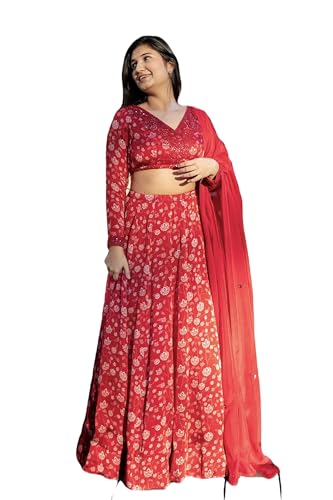 essaySumedha Agrawal Organza Satin Organza Santoon Floral Lehenga for Women (Size: L, Red)