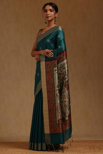 Soch Womens Teal Tussar Botanical Printed Sarees