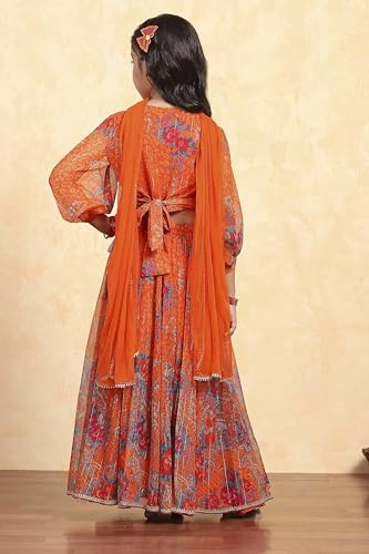 Biba Girl's Orage Polyester Prited Kalidar Lehega Set