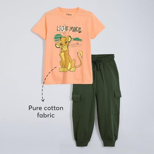 Hopscotch Boys Short Sleeves Orange 2-Pc Simba Sequined Cotton Joggers Set For Age (3-4 Years)