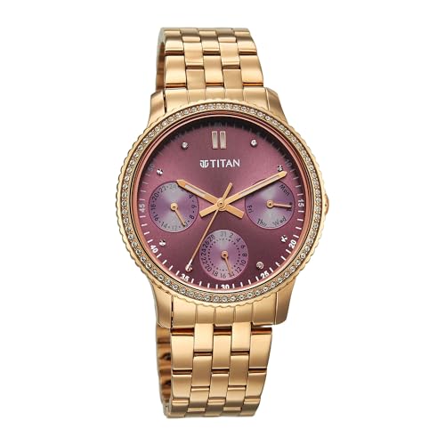 Titan Purple Sports Fashion Quartz Purple Dial Stainless Steel Strap Watch for Women