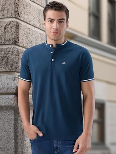 Status Quo Men's Solid Henley Neck Half Sleeves Regular Fit T-Shirt with Tipping Details | 67% Rayon 24% Nylon 9% Lycra | DK.Teal | 3XL