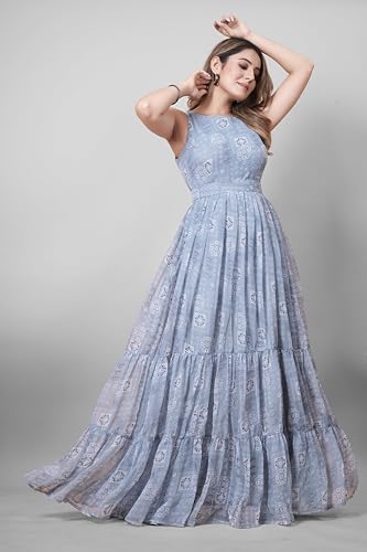 ODD BY chansi TRENDZ Women's Floral Anarkali Gown in Georgette, Grey, Ankel Length, Sleevless, Round Neck, Festive & Party Ethnic Wear