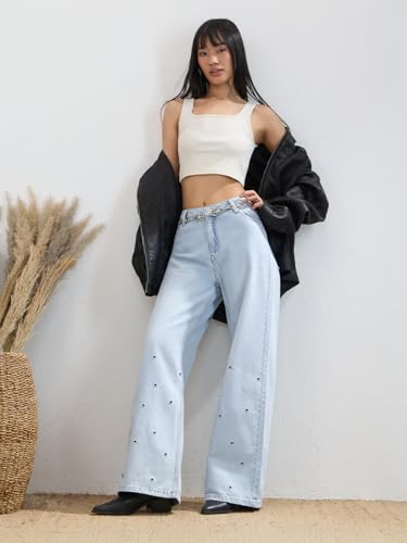 The Souled Store Wide-Leg Denim: Frosted Blue Eyelet Accent Women and Girls Button Closure Light Blue Washed Solid Cotton Denim Wide Leg Fit Everyday Denim Jeans