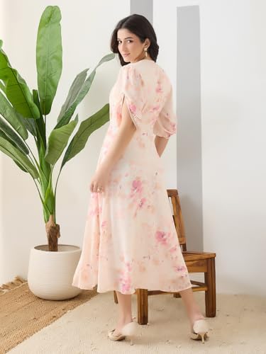 Latin Quarters Women Peach Printed Half Sleeves Casual Dress_XL