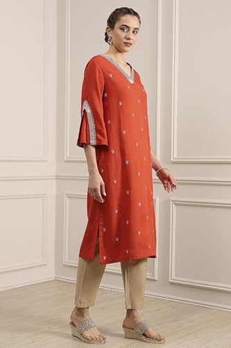 Biba Women Orange Viscose Rayon Straight Solid Kurta_40